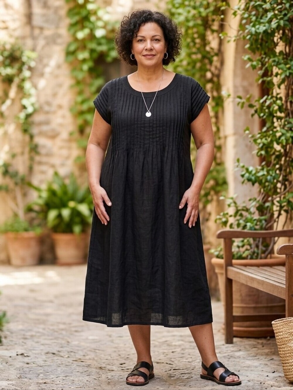 embellished Black Midi dress 100% Linen Size See Measurements